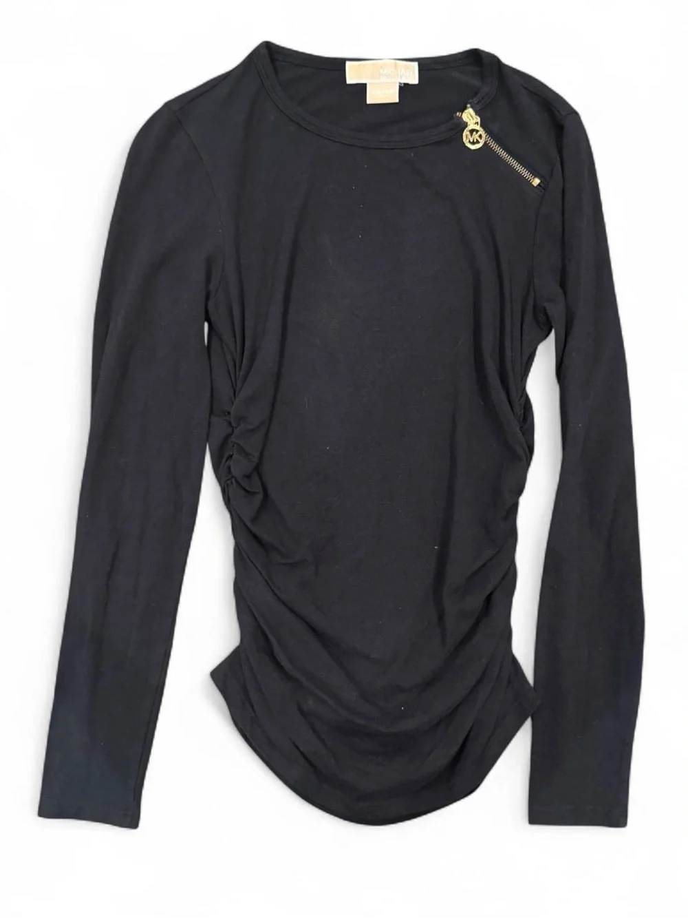 Michael Kors Black Long Sleeve Ruched Crewneck Top with Gold Zip Accent